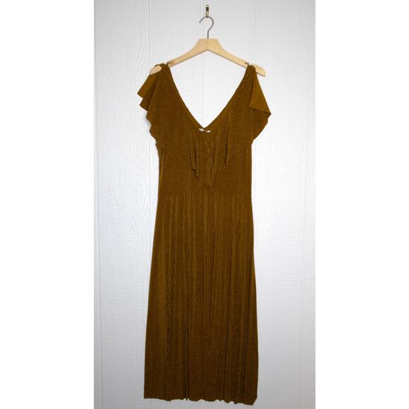 ZARA *BLOGGER FAV* Metallic Bronze Stripe Midi Dress Flutter Sleeve LARGE - Picture 4 of 10